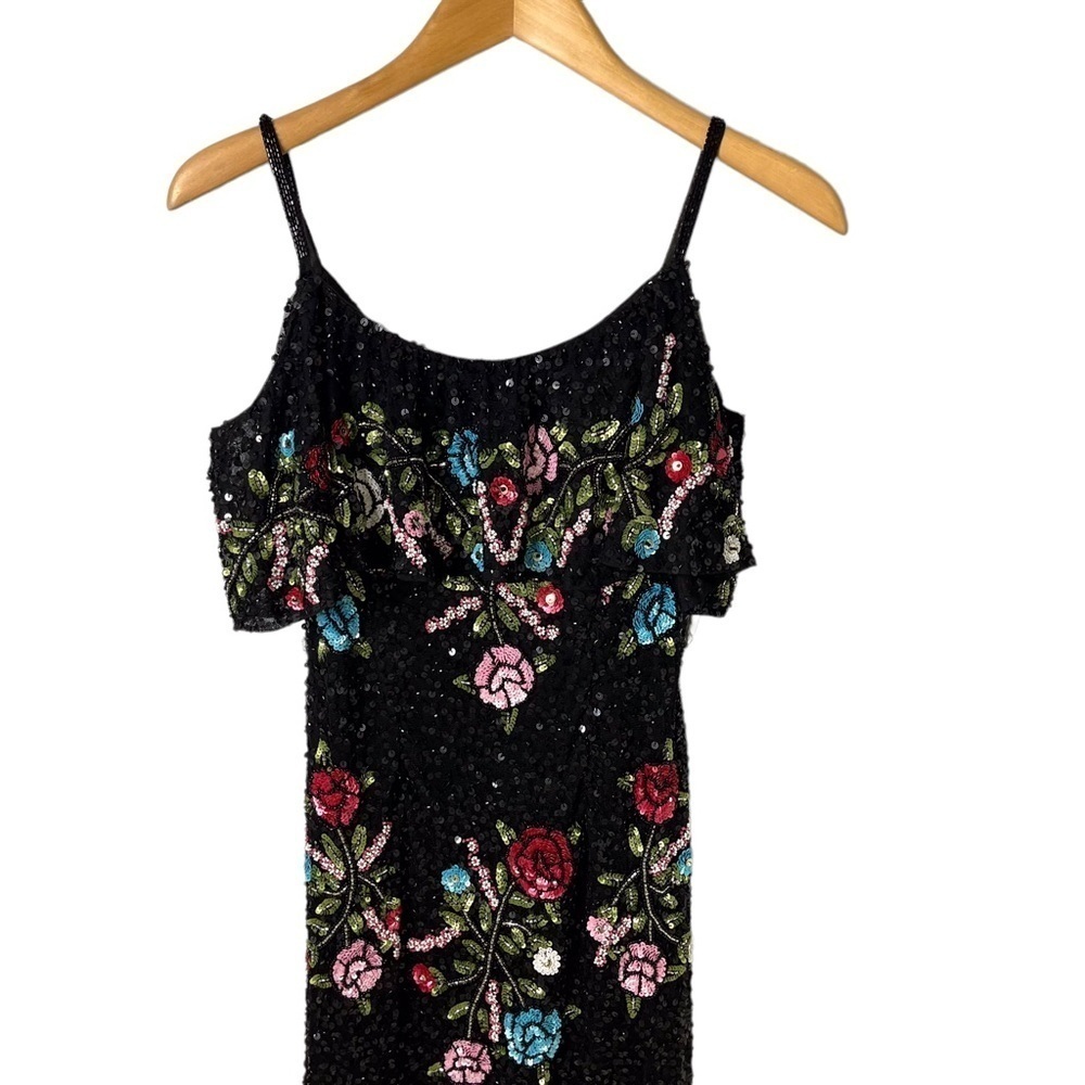 Mac Duggal Cold Shoulder Sequin Floral Gown Dress Black Size 2 Formal Black Tie - Picture 6 of 13